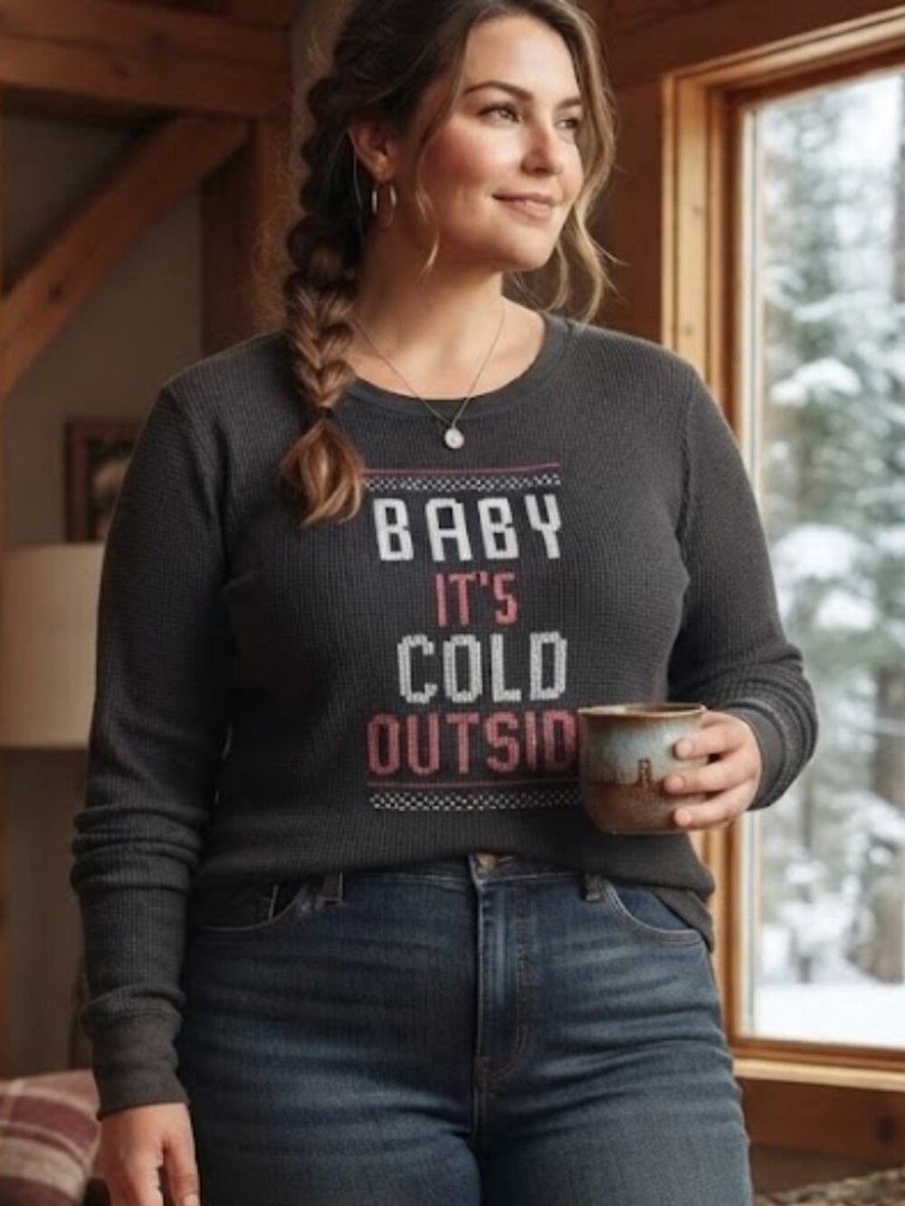 Old Navy "Baby It's Cold Outside" Gray Thermal Long Sleeve Top Size Large Waffle